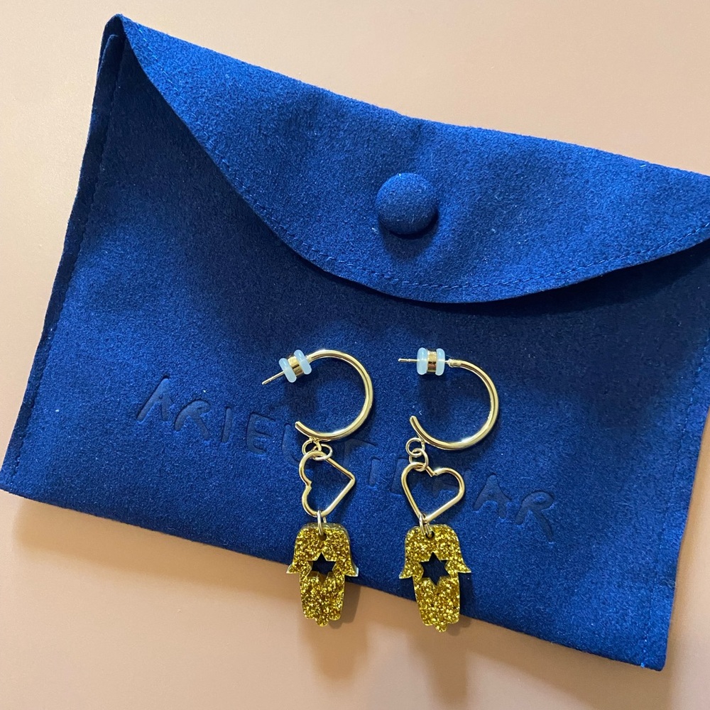 NEW Ariel Tidhar Judaica Hamsa Magen Sparkly Gold Hoop Earrings - Picture 3 of 4